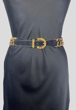 80's Vintage Gold Metal Chain Faux Suede Belt