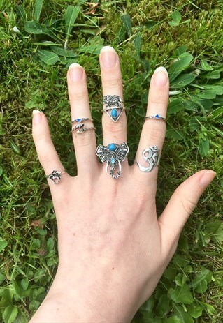 WOMENS TURQUOISE SILVER COLOUR SET OF 8 RINGS ELEPHANT BOHO