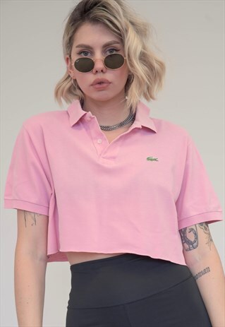 VINTAGE REWORKED LACOSTE CROP TOP POLO SHIRT IN PINK