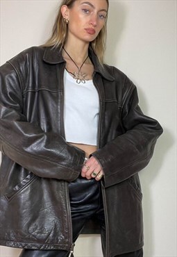 Vintage Y2K 00's Leather Jacket Grunge Zipped Brown Oversize