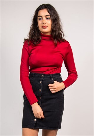 70'S VINTAGE DARK RED STRETCH TURTLE NECK TOP