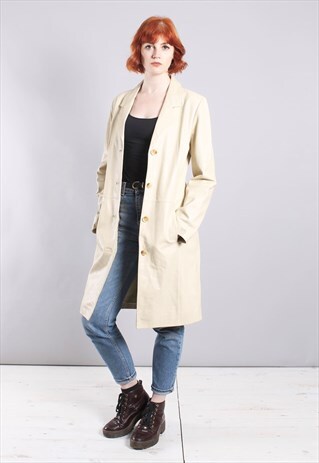 VINTAGE 90S CREAM SOFT LEATHER LONGLINE JACKET