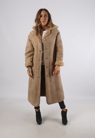 VINTAGE SHEEPSKIN SUEDE SHEARLING COAT LONG HOODED (93E)