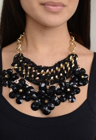 WOMENS LADIES GOLD BLACK FLOWER STATEMENT CHUNKY NECKLACE