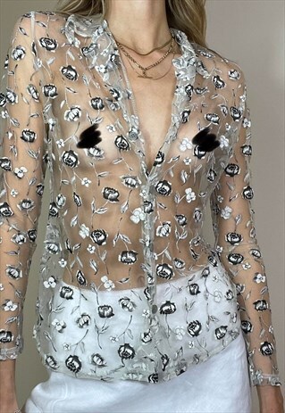 VINTAGE Y2K SHEER MESH FLORAL SHIRT TOP GRUNGE SUMMER