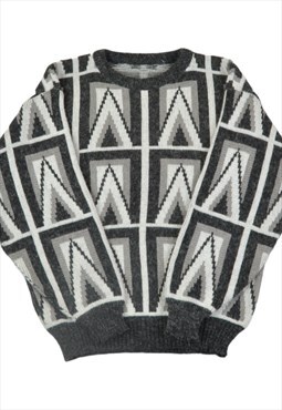 Vintage Knitted Jumper Retro Pattern Grey Medium