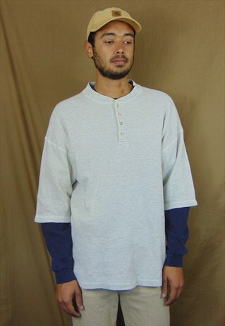 90S CLASSIC SKATER SHORT SLEEVE GREY WAFFLE HENLEY SHIRT XXL