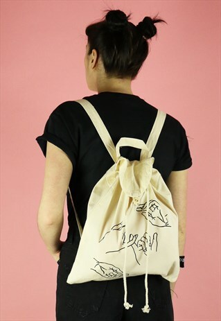 HANDS LINE DRAWING PRINT CANVAS BACKPACK - BLACK ON NATURAL