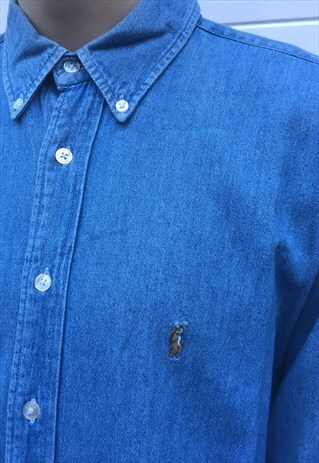 MENS VINTAGE 80S RALPH LAUREN BLUE DENIM LONG SLEEVE SHIRT