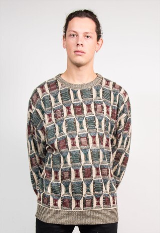 VINTAGE 90'S GRANDAD PATTERNED OVERSIZE JUMPER