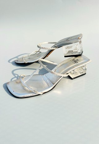 FENDI SANDALS HEELS ZUCCA ZUCCHINO HEEL SILVER LEATHER EU 38
