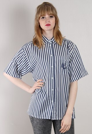 VINTAGE 80S BLUE STRIPE EMBROIDERED OVERSIZE SHIRT TOP