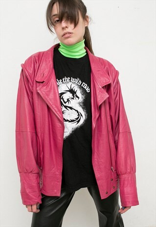 VINTAGE BRIGHT PINK LEATHER JACKET ZIP UP URBAN BOMBER STYLE