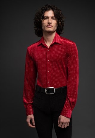 MENS RED POLKA DOT SKULL BUTTON ROCK N ROLL VELVET SHIRT