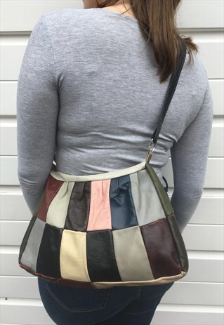 WOMENS 80S 70S BAG MULTI COLOUR PATCHWORK LEATHER BAG