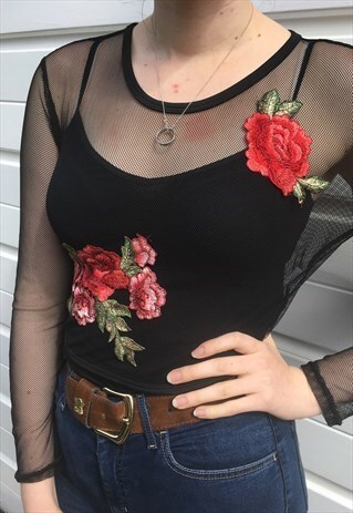 WOMENS SHEER MESH TOP FLORAL EMBROIDERED FESTIVAL CROP TOP