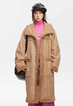 Long Sherpa coat fleece lined PU trench jacket in brown 
