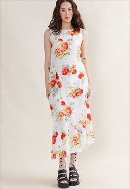 Vintage Romantic Floral Roundneck Sleeveless Maxi Dress L