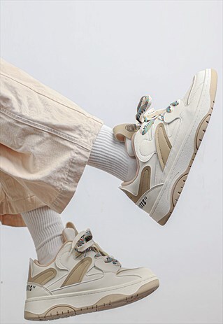 DOUBLE LACE SNEAKERS CHUNKY SOLE TRAINERS SKATER SHOES BROWN