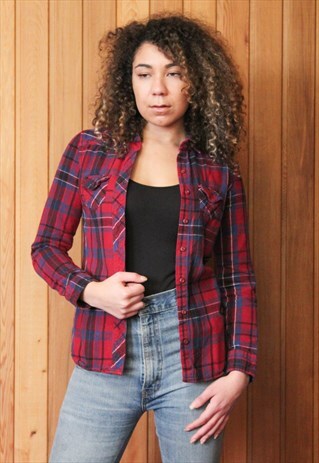 VINTAGE 1990S RED AND BLUE CHECKED FLANNEL SHIRT