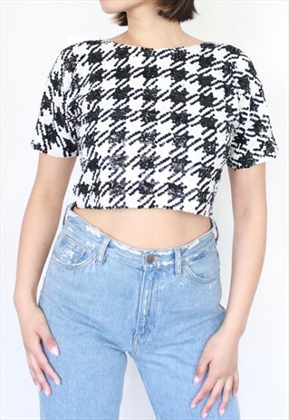 80S HOUNDSTOOTH SEQUENCES CROP TOP