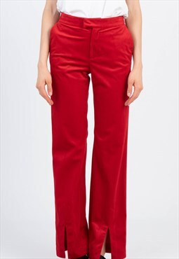 Straight long corduroy red pants with front opening 