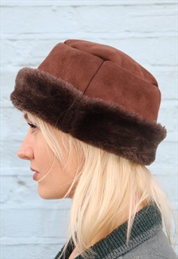 Vintage 90s Faux Suede Faux Fur Brown Bucket Hat 