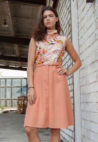 VINTAGE RETRO ORANGE FLORAL HIGH NECK DRESS