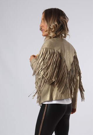 LEATHER FRINGE TASSEL FITTED JACKET VINTAGE UK 12 (3DJ)