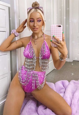 PURPLE SEQUIN BEADED FESTIVAL IBIZA COORD SET