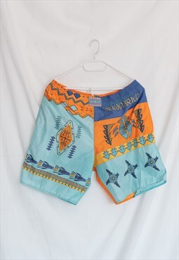 Vintage 80s Aztec Printed Mini Beach Shorts with Pockets L