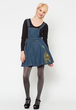 BLUE DENIM DRAGON PINAFORE DRESS