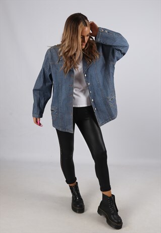 VINTAGE DENIM JACKET PINSTRIPE OVERSIZED FITTED UK 18 (HB3Z)