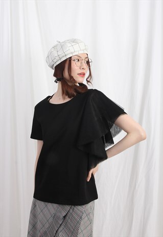 (KOREAN) SINGLE MESH FRILL SLEEVE TOP BLACK