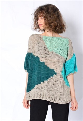 Y2K BEIGE GREEN KNIT ABSTRACT COW PRINT TOP