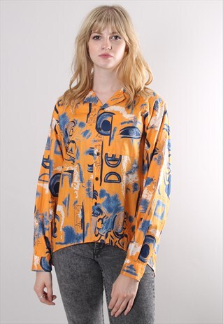 VINTAGE 80S CRAZY PATTERNED DROP HEM BLOUSE SHIRT TOP