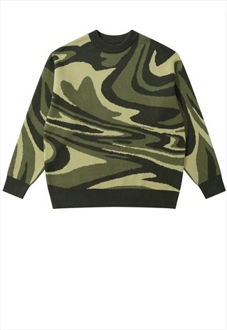 Abstract sweater ambient knitted grunge jumper in camo green