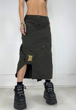 Vintage Y2k Skirt Midi Khaki Cargo Utility Gorpcore 90s Boho