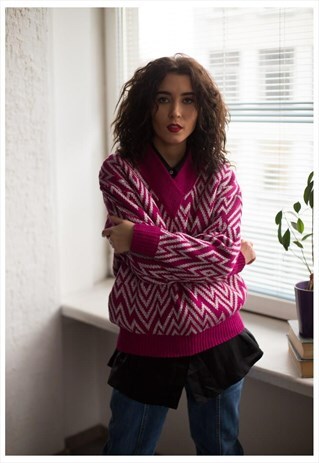 VINTAGE 80'S PURPLE/GREY PATTERNED GLITTERING JUMPER