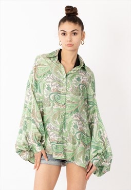 Oversized Long Sleeve Shirt in Green Paisley Scarf print