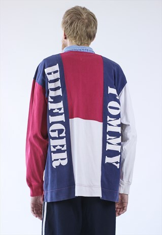 VINTAGE MENS TOMMY BIG LOGO USA RUGBY TOP LONG SLEEVE POLO