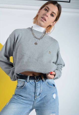 VINTAGE TOMMY HILFIGER KNITTED JUMPER GREY WITH LOGO