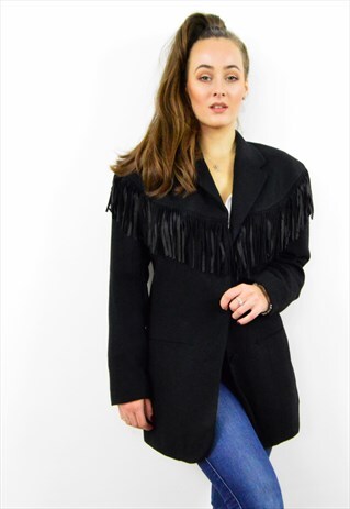 VINTAGE 90S BLACK WOOL TASSEL JACKET BLAZER