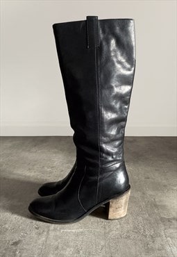Vintage real leather black high heel knee boots