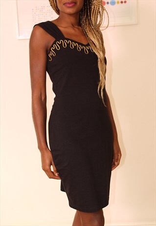 BODYCON BLACK COTTON LYCRA DRESS WITH GOLD
