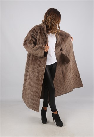 VINTAGE SHEEPSKIN SUEDE SHEARLING COAT UK 18 LONG (C9AZ)