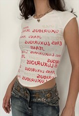 Y2K Letter Word Print Patterned Tank Top in white
