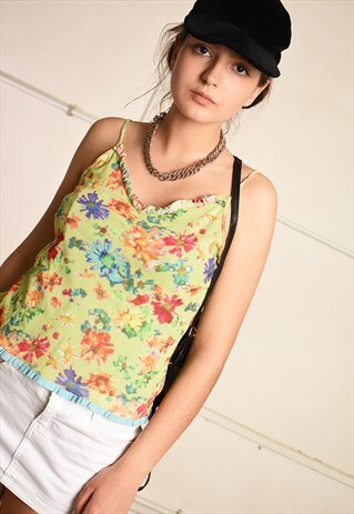 Y2K RETRO FLORAL PRINT MESH RUFFLE FESTIVAL TOP