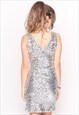 PLAIN SLIVER COLOR SEQUIN V-NECK SLEEVELESS PARTY DRESS