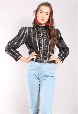 VINTAGE 80S BLACK SATIN GOLD STRIPE RUFFLE BLOUSE